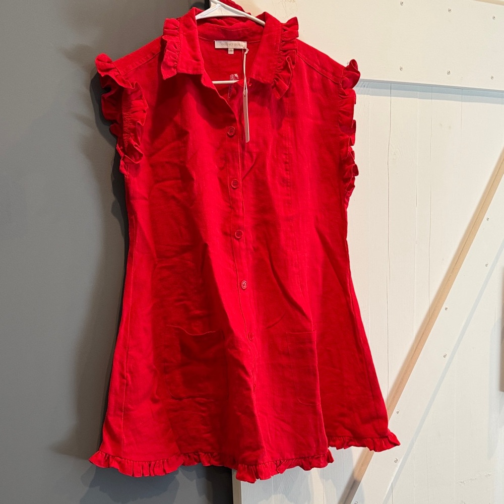 Olivaceous Vibrant Red Ruffle Dress, NWT, Size M, pockets